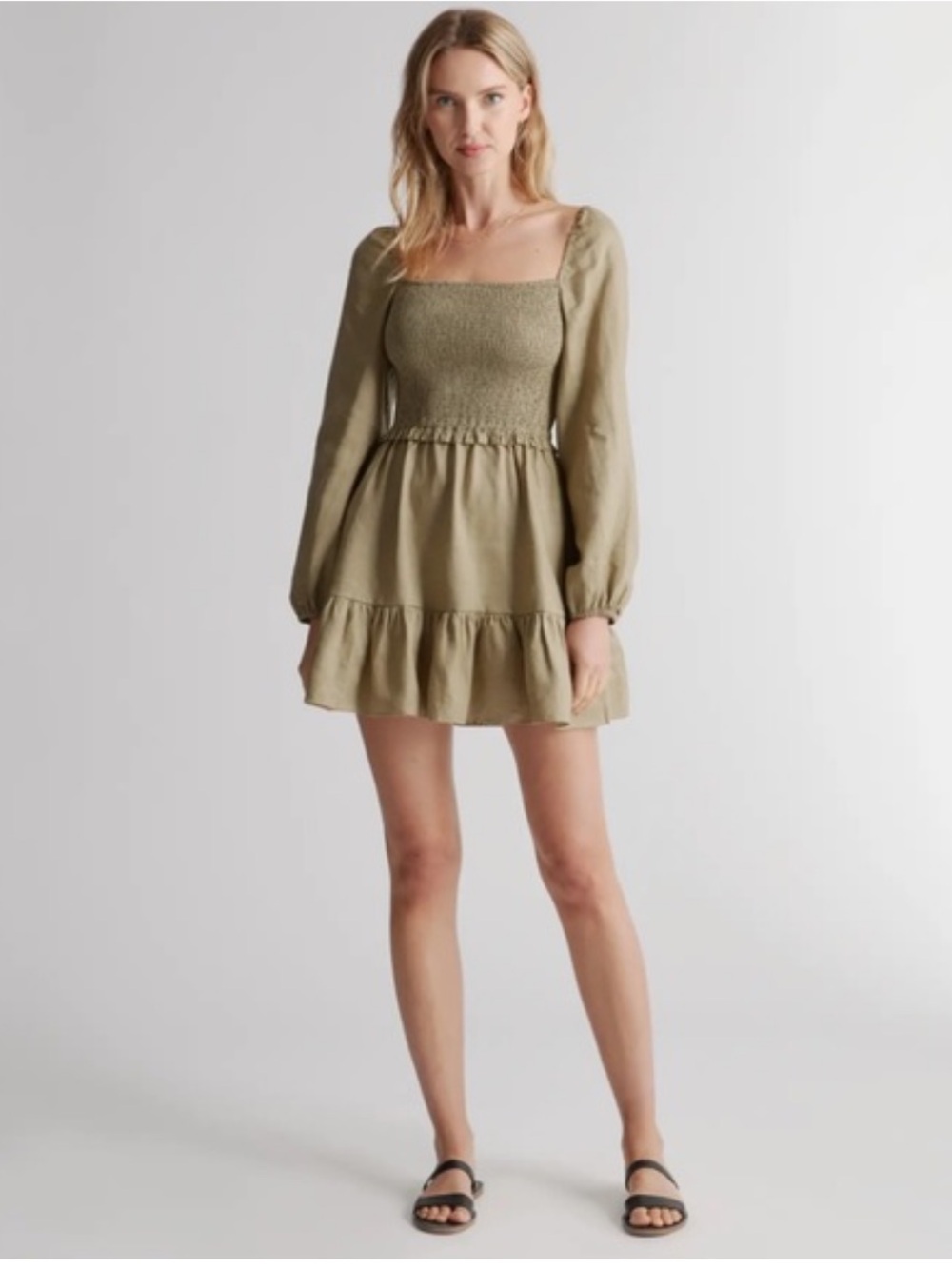 Quince Linen Olive Smocked Square-Neck Tiered Mini Dress